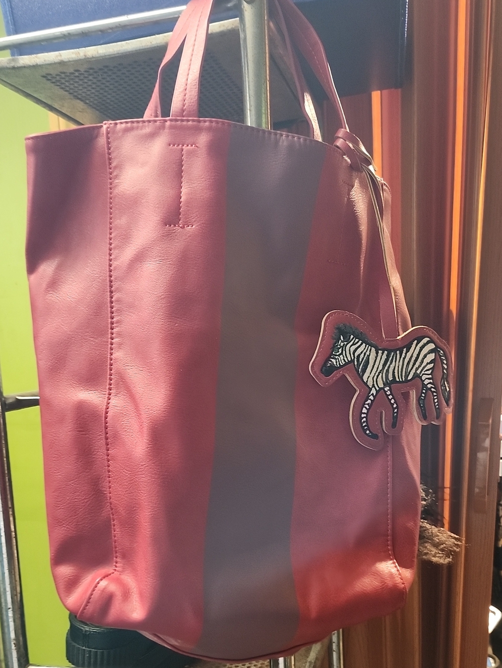 Red Striped Tote Bag with Zebra Charm